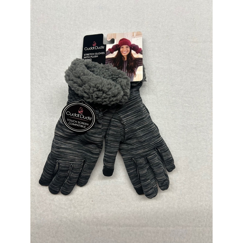 Cuddl Duds Womens Stretch Gloves Plush Lining Touch Screen Black Gray Space Dye